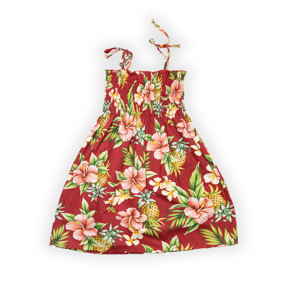 RJ Clancy ''Hawaiian Pineapple and Hibiscus'' Little Girl's Dress- Red