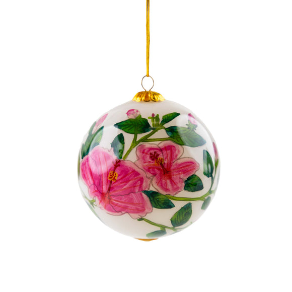 “Hibiscus and Plumeria” Hawaiian Hand-Painted Glass Christmas Ornament - The Hawaii Store
