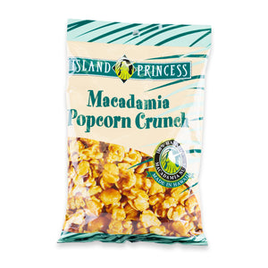 Bag of popcorn that shows macadamia popcorn crunch on the front and shows how it was made in Hawaii