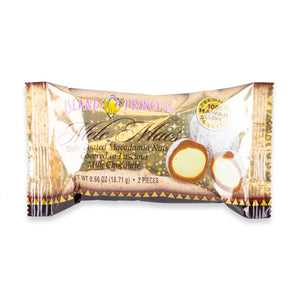 Packaging on the toffee-coated macadamia nuts. the packaging is gold and shows the inside of the macadamia nuts as well as the 2 pieces that are inside each package