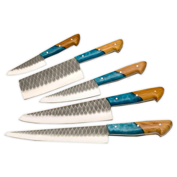 Faneema Damascus Blades & Turqoise/Olive Wood Handle Knives, 5-Pieces