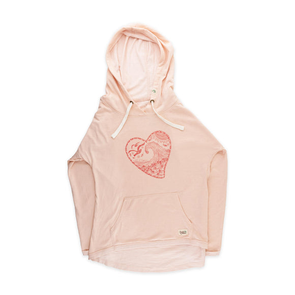 Pink hoodie with a heart on the front that contains lots of detailing inside of it