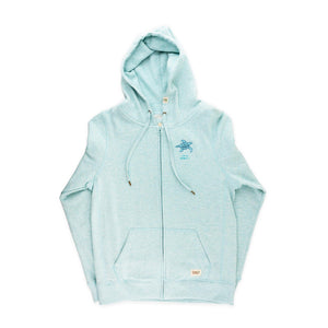 Blue hoodie with zipper on the front and a small turtle sewn into the left side of the hoodie