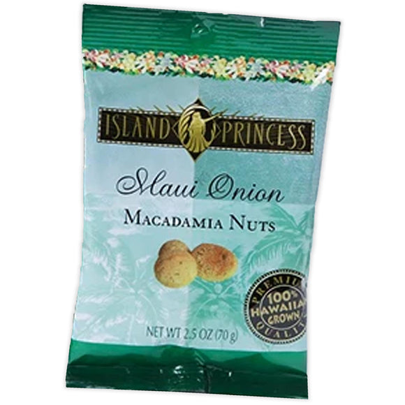 Bag of macadamia nuts displaying that they are the flavors of maui onion as well as the Hawaiian print all over it.