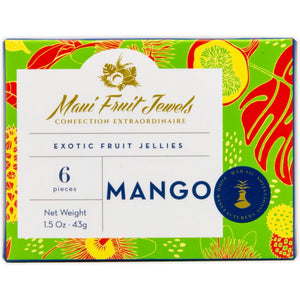 Box of fruit jellies and the jelly next to it showing the natural colors of the natural mango