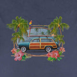 Closeup of large woody station wagon graphic on the shirt's back 