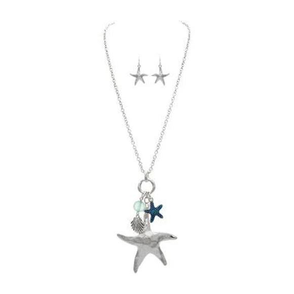 Silver Starfish Dangle Charm Necklace and Earrings Set - The Hawaii Store