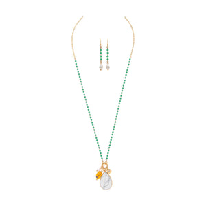 Gold & Green Bead with White Marble Pendant Necklace and Earrings Set