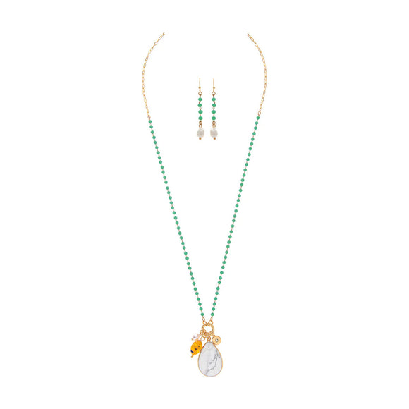 Gold & Green Bead with White Marble Pendant Necklace and Earrings Set