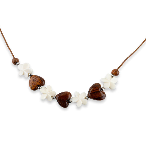 White Bone Plumeria & Koa Heart Necklace - The Hawaii Store