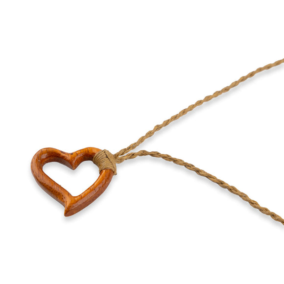 Open Heart Hawaiian Koa Necklace with Natural Cord