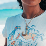 Model wearing White Buffalo Horn Hawaiian Fish Hook Necklace