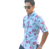 Model wearing Avanti "Ohia Lehua" Men's Hawaiian Aloha Shirt