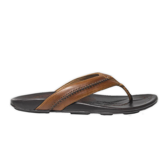 Men's Leather OluKai Mea Olu Sandals with Tan strap and dark brown footbed