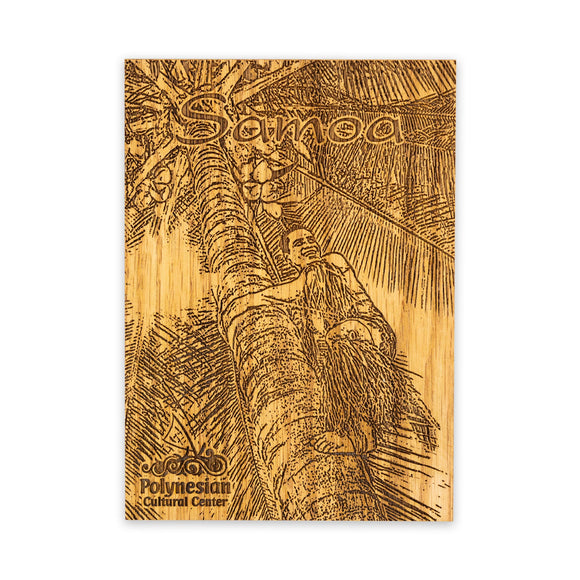 Samoan islander climbing a coconut tree on wooden post card