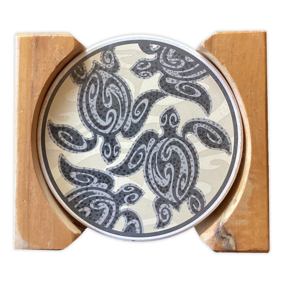 Tribal Honu Tile Coaster Set with Holder