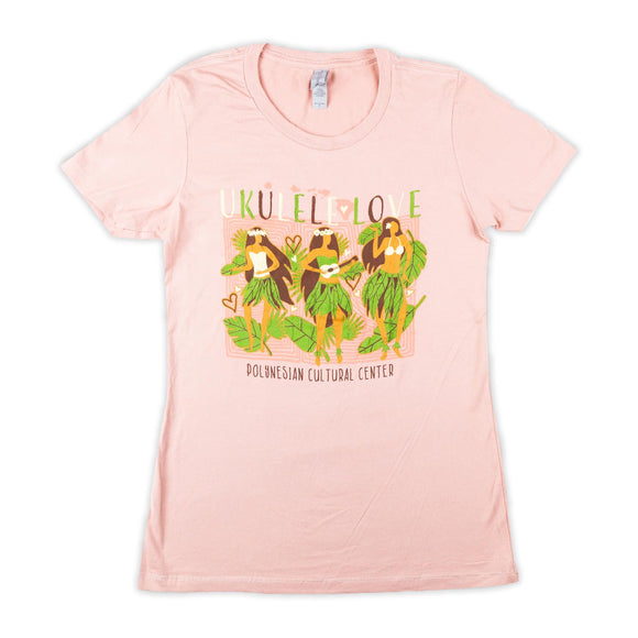 pink shirt designed with 3 hula girls and 