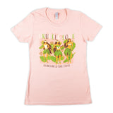 pink shirt designed with 3 hula girls and "ukulele love Polynesian Cultural Center"