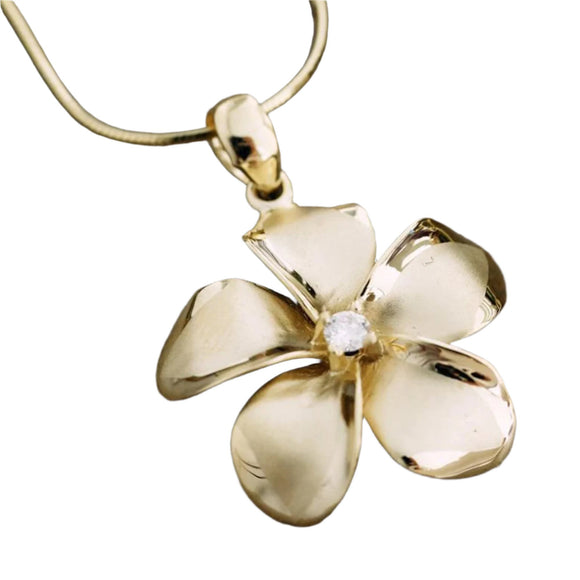 14K Gold Plumeria Pendant with Diamond or Cubic Zirconia Center