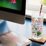 Catstudio "Hawaii" Glass Tumbler shown on coaster next to a computer.