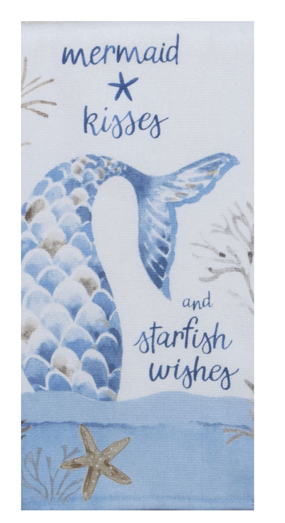 Towel that reads Mermaid Kisses with a Blue mermaid tail as well as a continuation of the text that reads 