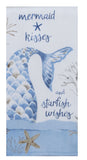 Towel that reads Mermaid Kisses with a Blue mermaid tail as well as a continuation of the text that reads "and starfish wishes"