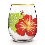 Stemless Wine Glass with Monstera Flower and Leaf Design - Polynesian Cultural Center