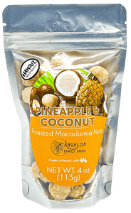 Font of Macadamia nut bag with pineapple and coconut imaging and a see-through packaging to see the coated macadamia nuts