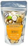 Font of Macadamia nut bag with pineapple and coconut imaging and a see-through packaging to see the coated macadamia nuts