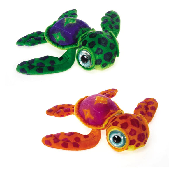 Plush Turtles with Big Eyes. One is green and the other turtle is orange