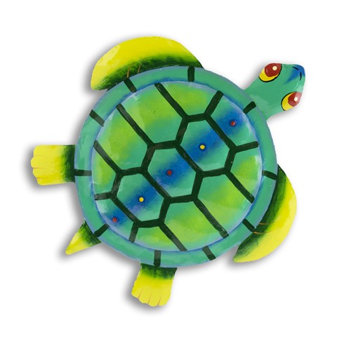 Piece of metal cut to look like a turtle with bright coloring and detailing