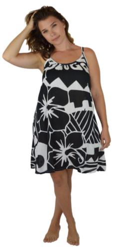 Short Balinese Dress with Hibiscus Print- Black