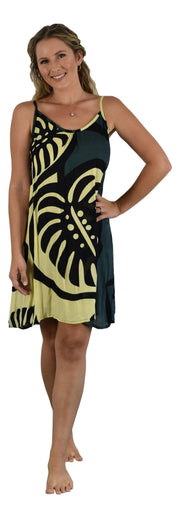 Balinese Monstera Patterned Short Dress- Black/Grey