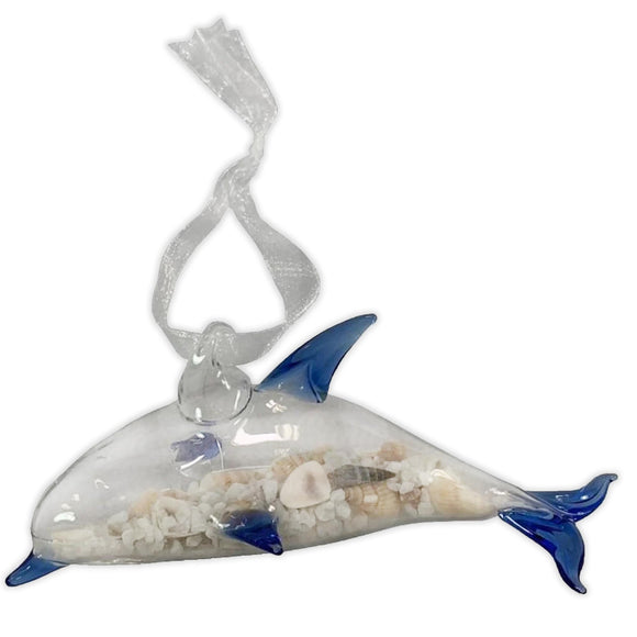 Glass Dolphin Sand and Shells Ornament .