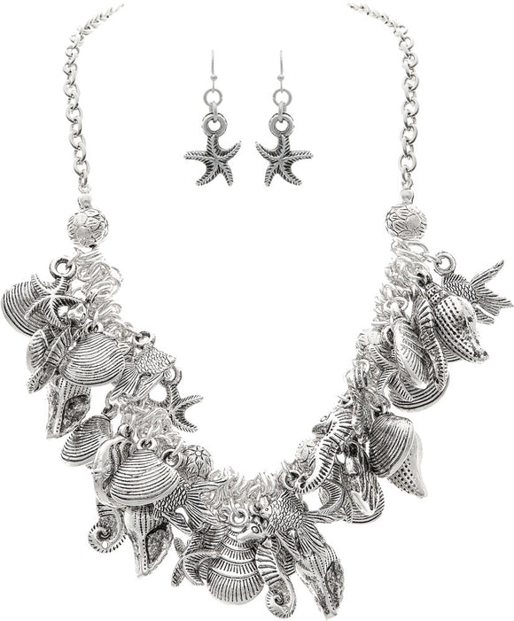 Silver Sea life Big Charm Necklace Set 