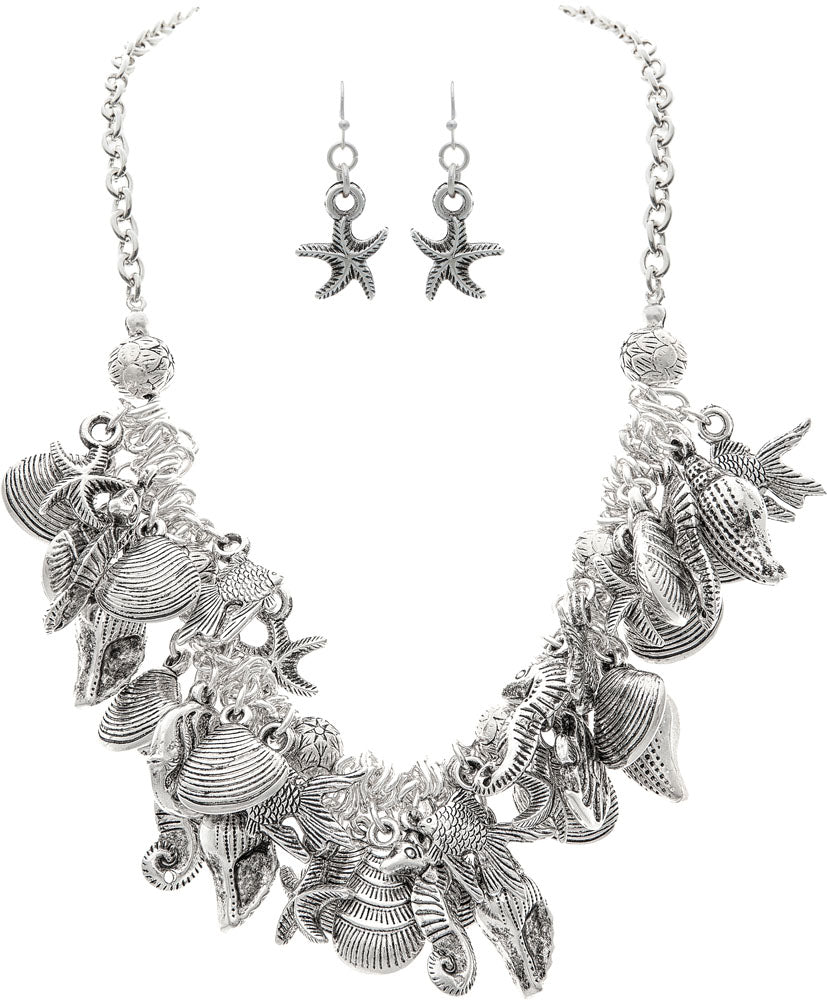 Big Silver Sea Life Charm Necklace and Earrings Set
