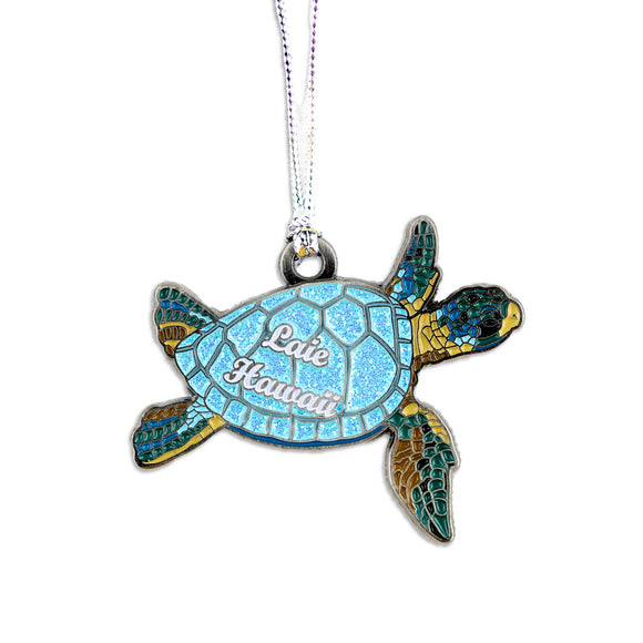 Laie Hawaii Turtle Ornament - Blue Glitter 2