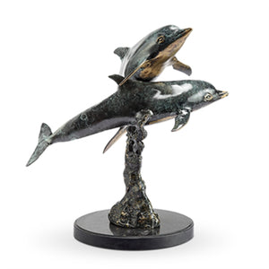 "Playful Dolphin Pair" Brass Sculpture - 15"x12.5"x11.5" - Polynesian Cultural Center
