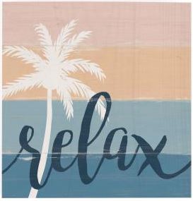 Wooden Block that says "Relax" with a palm tree in the background