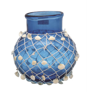 Blue Glass Vase w/ Shells & Netting - 10"x10.25" - Polynesian Cultural Center