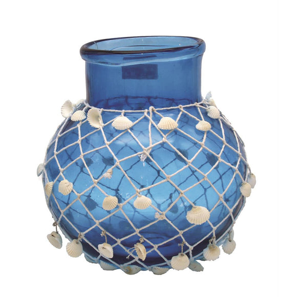 Blue Glass Vase w/ Shells & Netting - 10