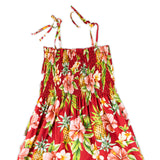 Red smocked top dress with spaghetti straps and designed with pineapples, hibiscus and green leaves print.