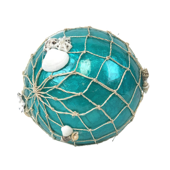 Teal ball with net around it and shells stuck on the netting