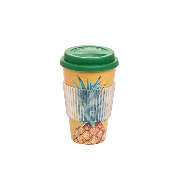 Coffee cup with pineapple print and a heat protective sleeve around the cup