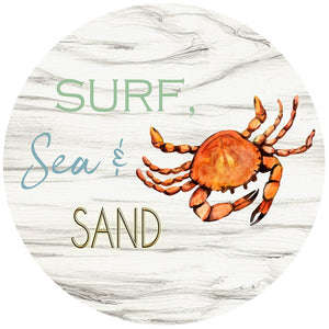 square trivet designed with "surf, sea & sand" text and an orange crab