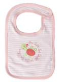 Pink bib with sea turtle and some wording on the front