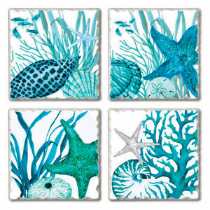 "Coral Life" absorbent tumbled tile coaster set, 4-piece.