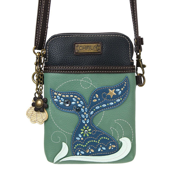 leather xbody bag with mermaid tail detailing