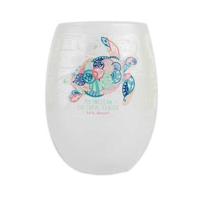 Henna Turtle Frosted Stemless Glassware with Polynesian Cultural Center logo.