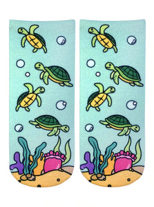 Turtle Print socks with cartoon turtles and a coral reef